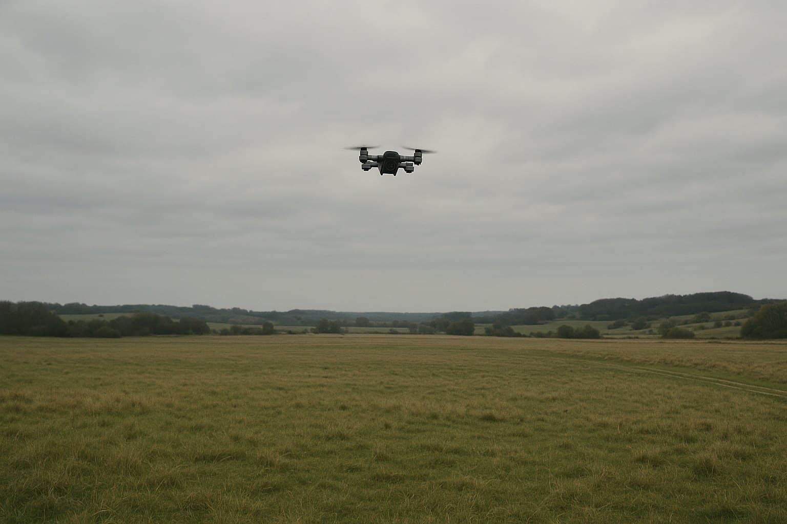 Åben dansk græsmark i gråvejr med en meget lille quadcopter svævende i hovedhøjde