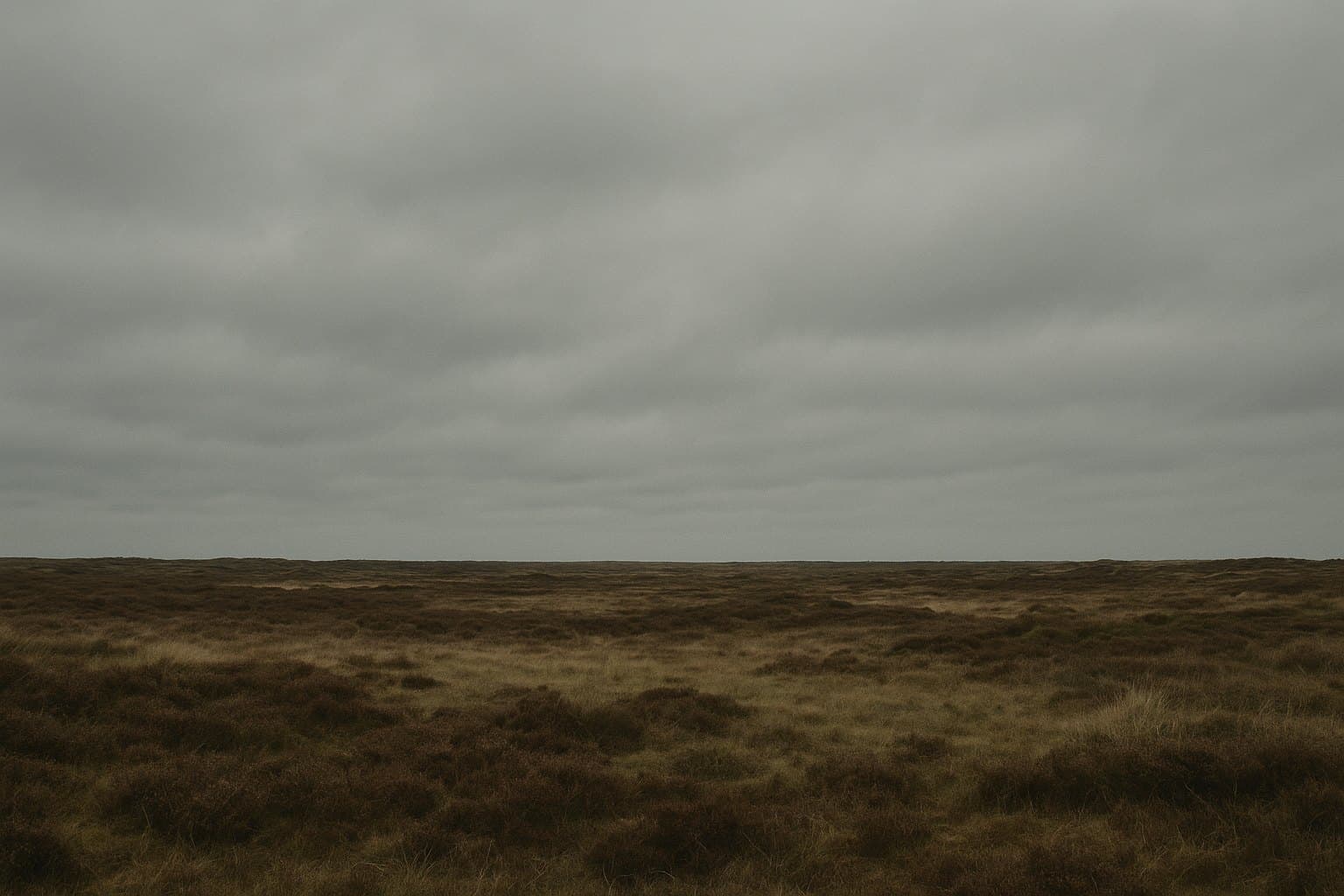 Åbent dansk hedelandskab under en grå himmel, set fra lavt standpunkt med himlen fyldende det meste af billedet