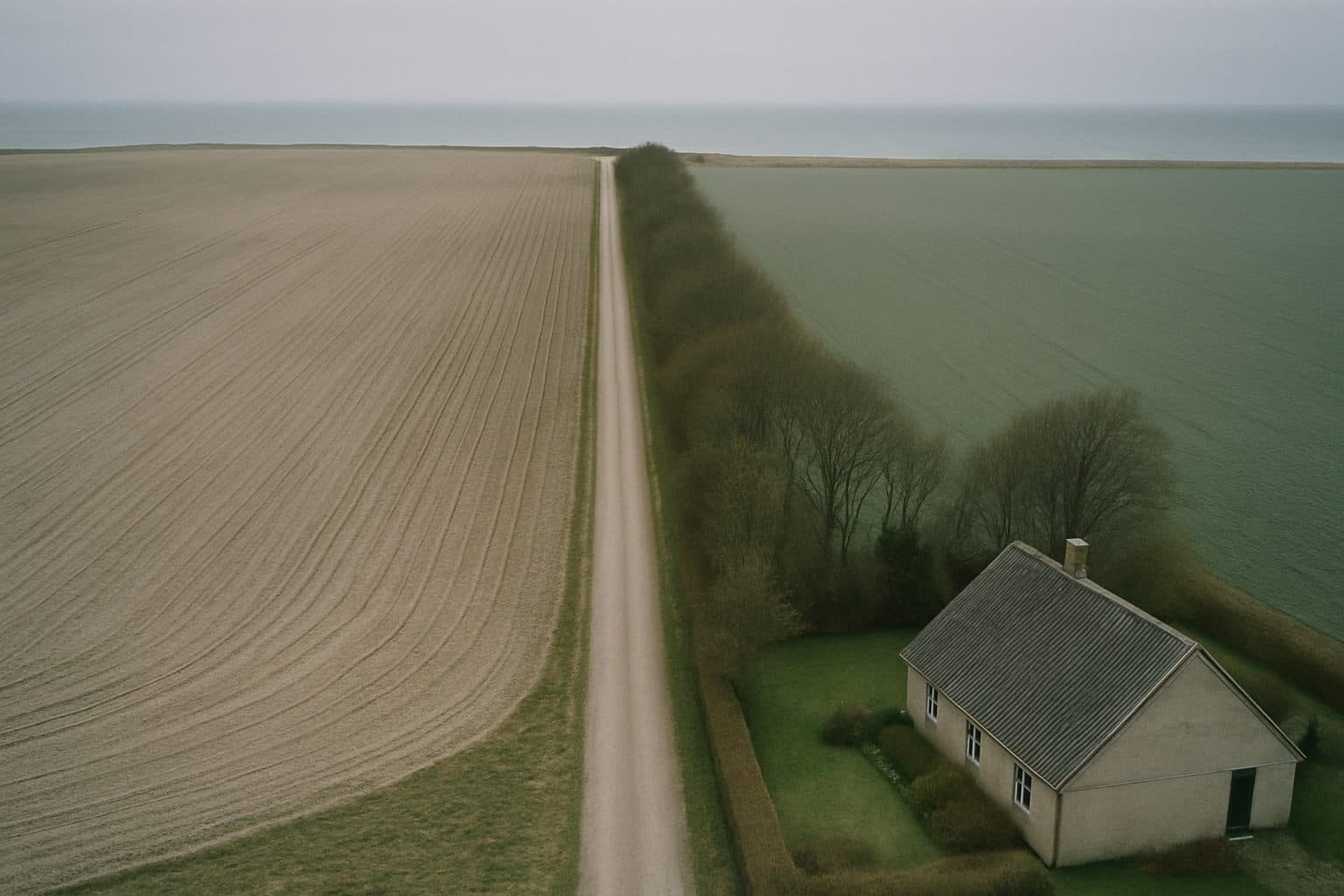 Luftfoto lige ned over dansk landbrugsland med pløjede marker, en grusvej og et læhegn