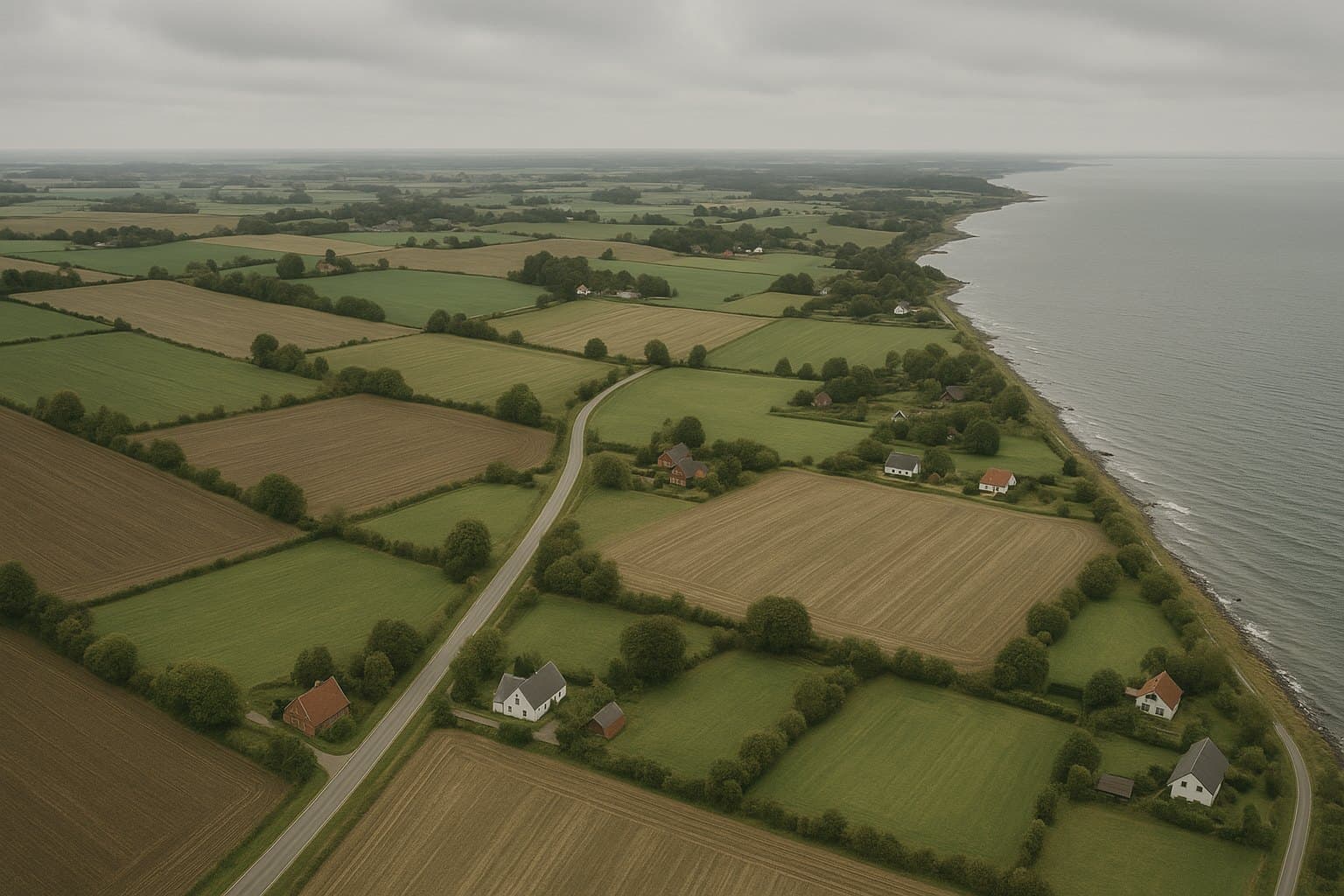 Dansk kystlandskab set fra luften i gråvejr, med marker, en vej og bebyggelse spredt i landskabet